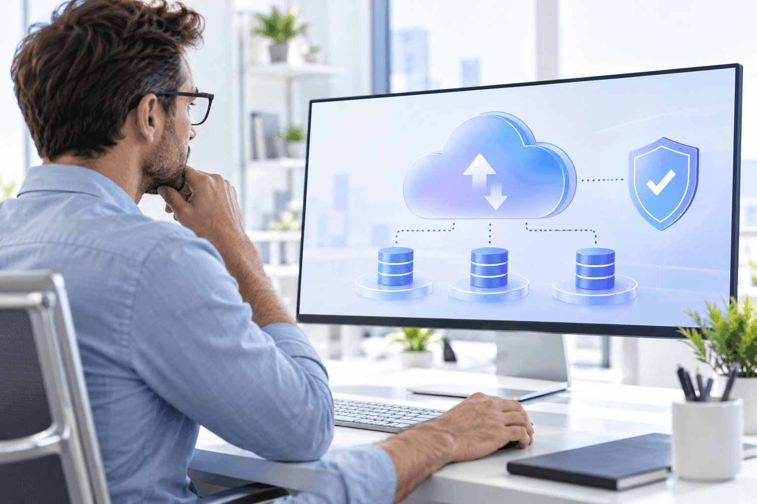 Engineer reviewing secure cloud backup and recovery systems