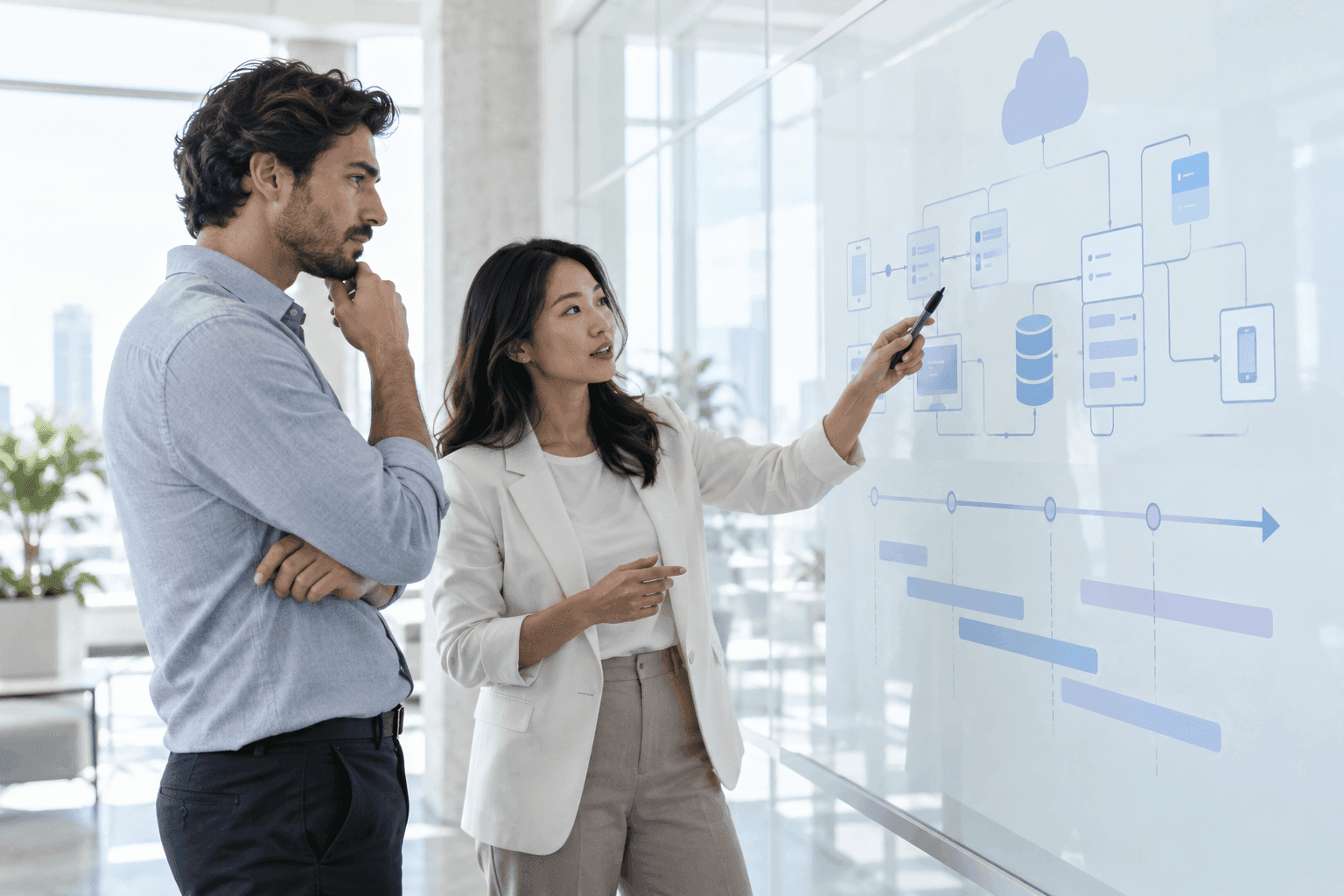 Consultant presenting a product technical blueprint