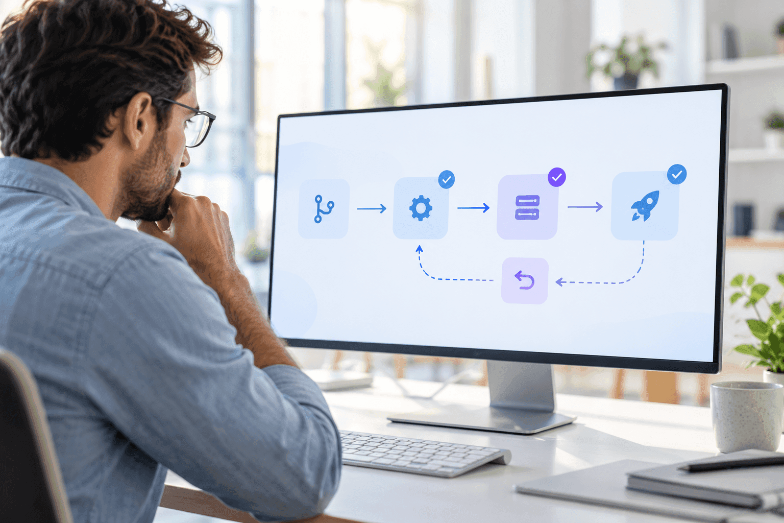 Engineer reviewing an automated release and deployment workflow